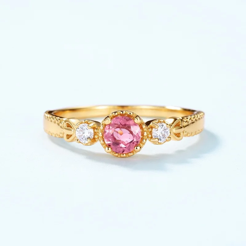 

Natural Pink Tourmaline Engagement Rings Gold Plated Dainty Round Gemstone Wedding Anniversary Valentine's Day Christmas Jewelry