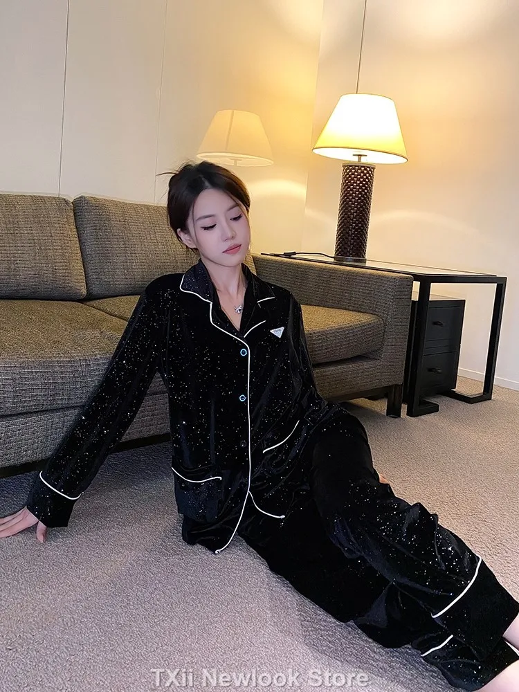 TXii Newlook [Sky Star River] Gold Velvet Pajamas Women\'s Autumn and Winter New South Korea Velvet Black Simple High-end suit