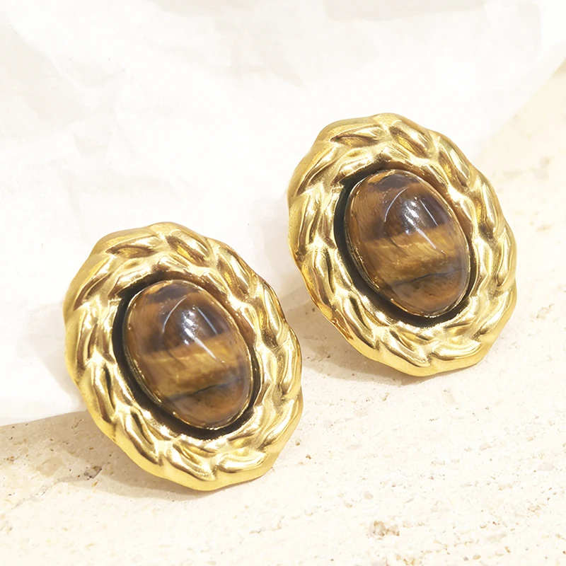 Vintage Geometrische Edelstahl-Ohrclips für Damen 18K Vergoldet Einfache Naturstein Wasserdichte Nicht-Durchstochene Ohrringe Schmuck – Detail 4