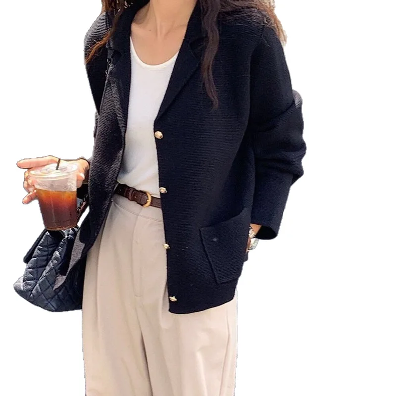 الكورية الحد الأدنى نمط دعوى طوق سترة مشغولة من الصوف الخريف الملابس النسائية تصميم جديد الشعور سترة أنيقة سترة بالأزرار #6