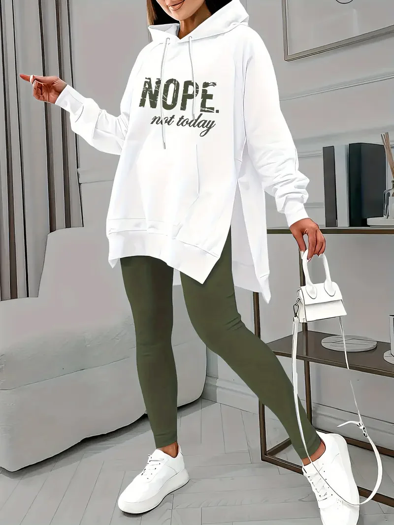 Spring and Autumn European and American New Letter Printed Pocket Slit Casual Long Sleeved Hooded Casual Suit