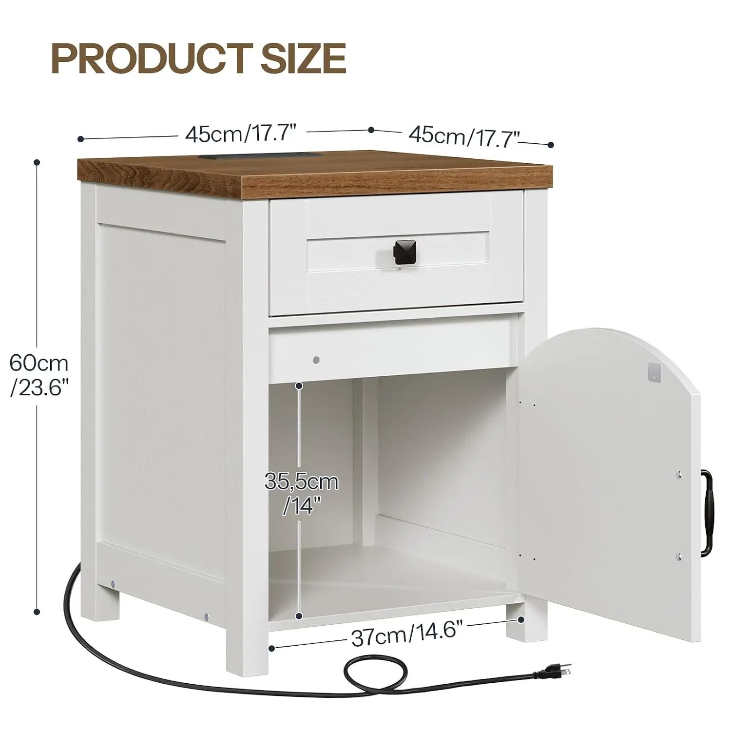 Farmhouse End Table with Charging Station & Drawer, Rustic Nightstand with Arched Barn Door, Wooden Sofa Side Bedside Table, Whi