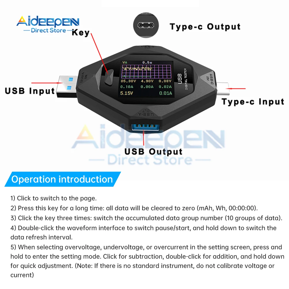 USB Tester 1.44inch TFT Color QC3.0 2.0 Type-C PD Digital Voltmeter Vurrent Meter Ammeter Voltage Usb Current Tester Measurement