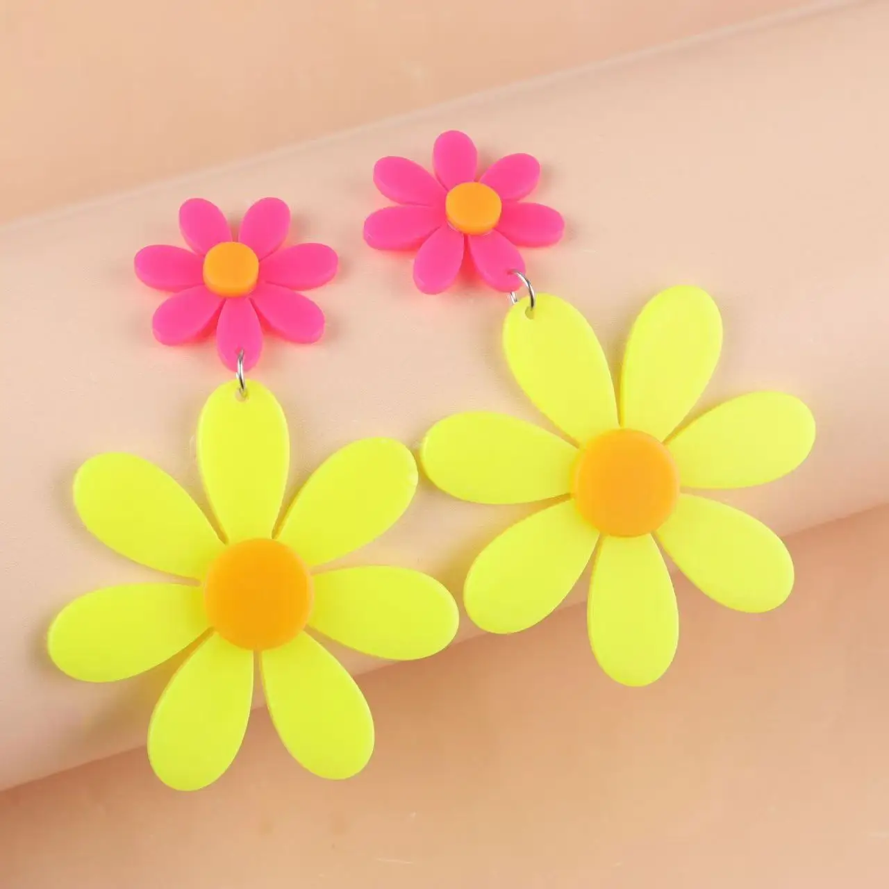 Fluorescent Sunflower Acrylic Dangle Earrings - Stainless Steel Posts, Perfect for Vacation & Parties