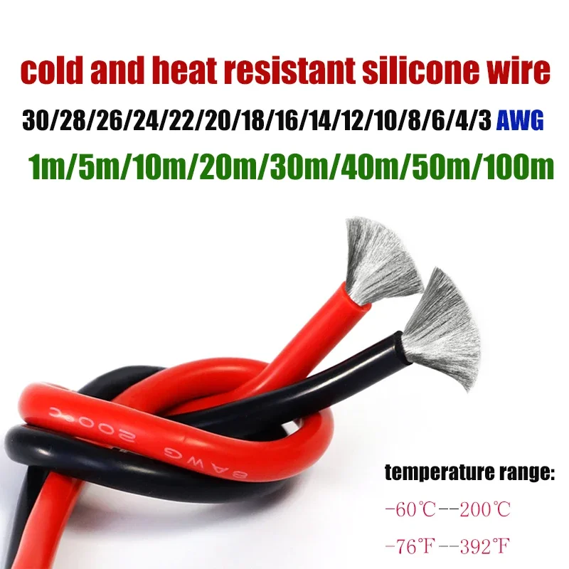 1-50m Cold Heat Resistant Silicone Wire 4 6 8 10 12 14 AWG Gauge Red Black Electric Cable for RC Car Battery Auto Inverter Solar