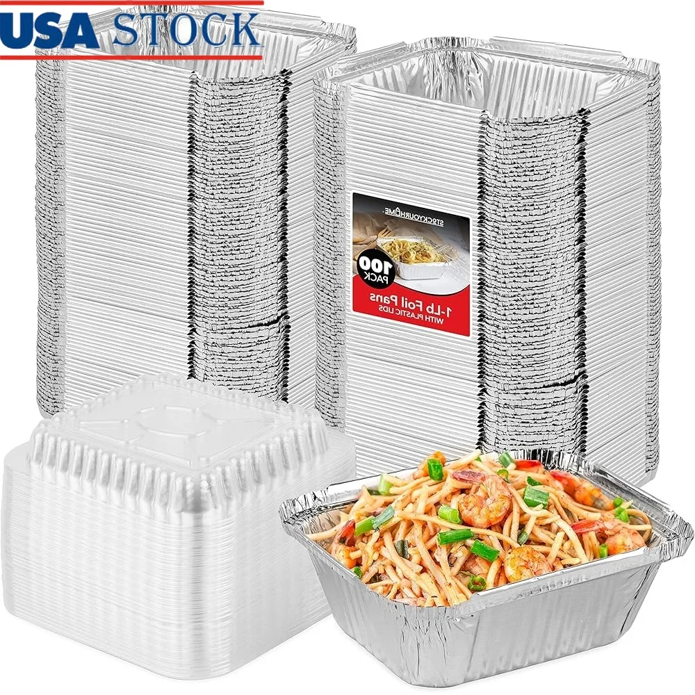 

1 Lb Small Aluminum Pans with Lids 100 Pack Foil Pans Clear Plastic Lids Disposable Cookware Takeout Trays with Lids To Go