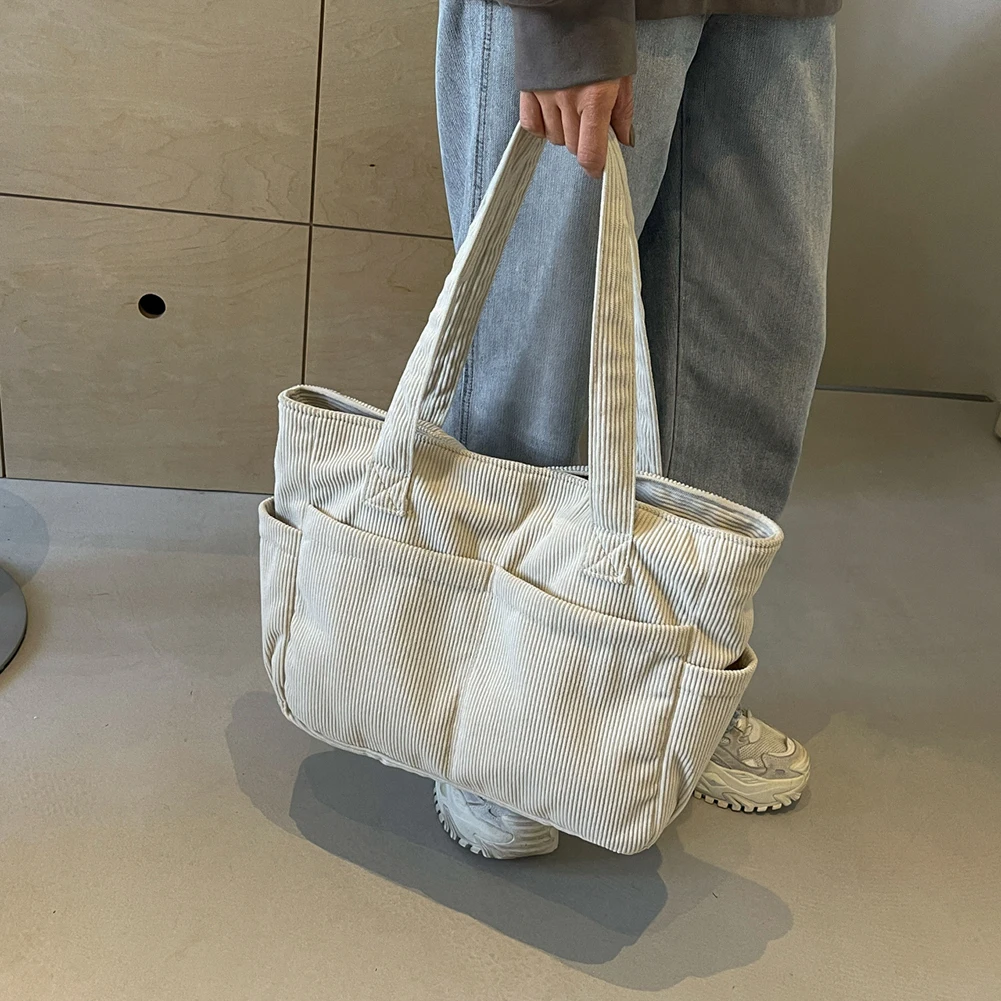 Women Corduroy Tote Bag with Zipper Shoulder Bag Multi Pockets Top Handle Bag Solid Satchel Bag for Travel Work