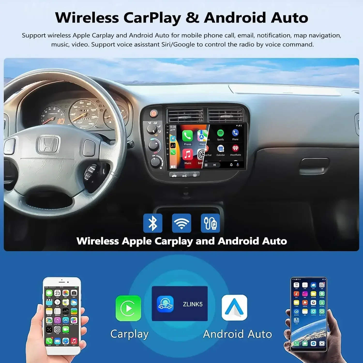 لـ 1996-2001 Honda Civic Android13 نظام ملاحة داخل السيارة 9in مدمج مع CarPlay + Android Auto/2 + 32GB/AHD كاميرا/ميكروفون #3