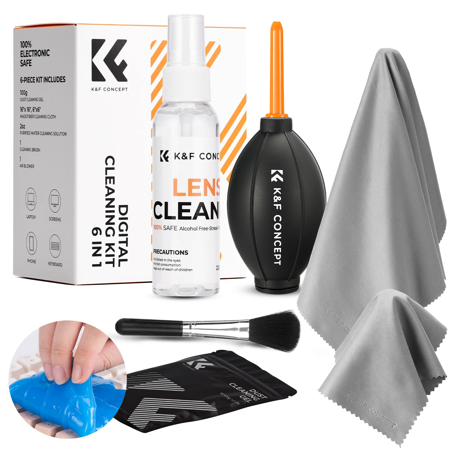 

K&F Concept 6-in-1 Laptop Computer Keyboard Cleaner Digital Screen Cleaning Kit with Gel Spray Solution Air Blower Clean Cloths