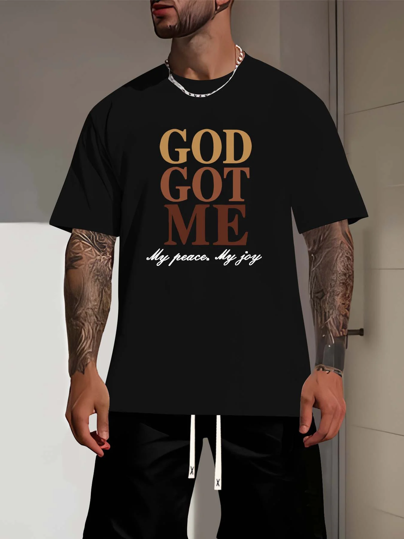 

Cotton Single Sided Printed round Neck Short Sleeve T-Shirt Men'S Fashion Short Sleeve My Peace My Life Letter Print T-shirt