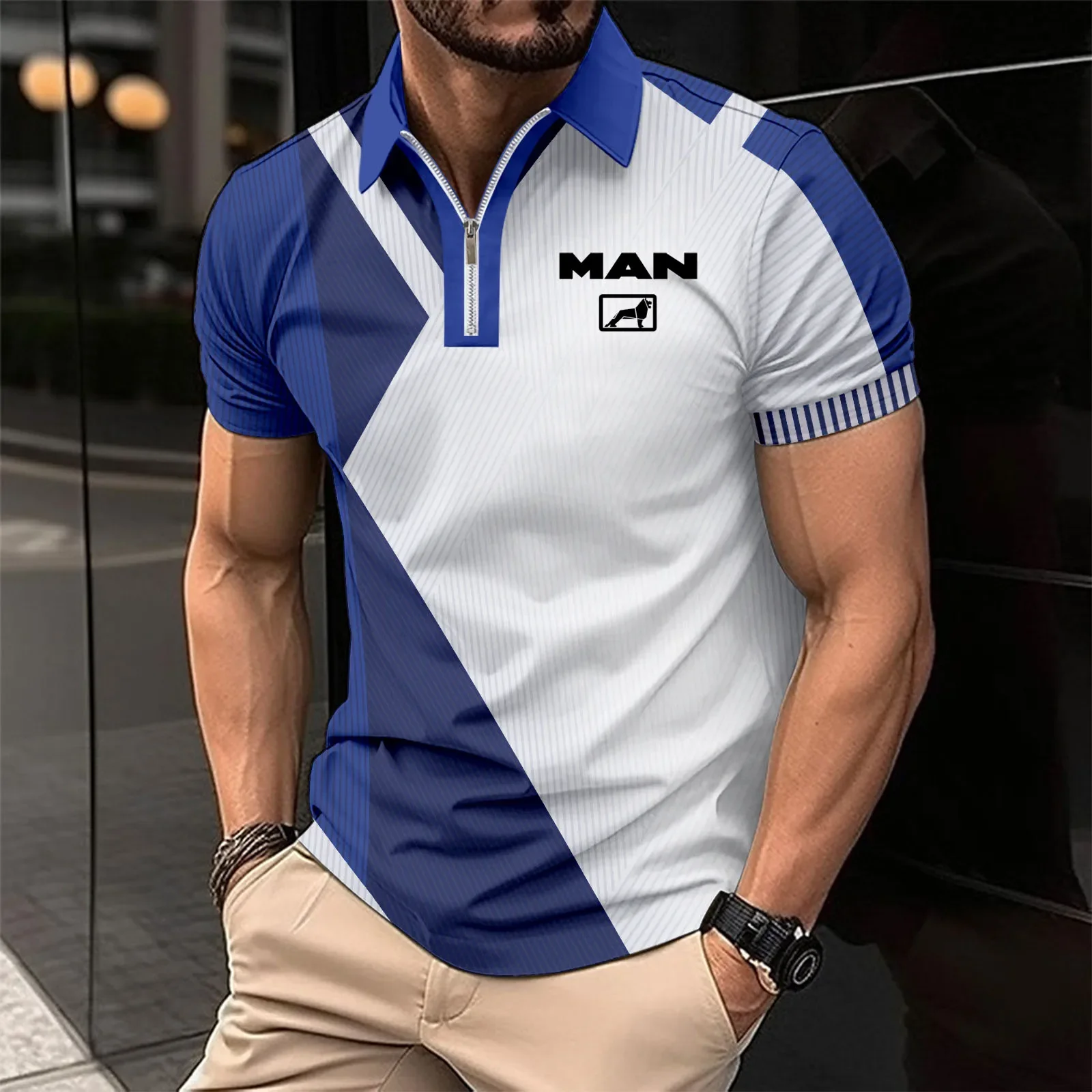 Men's fashion short -sleeved striped stamps Poloshan casual lapel POLO shirt Truck MAN print High-end Polo shirt for men