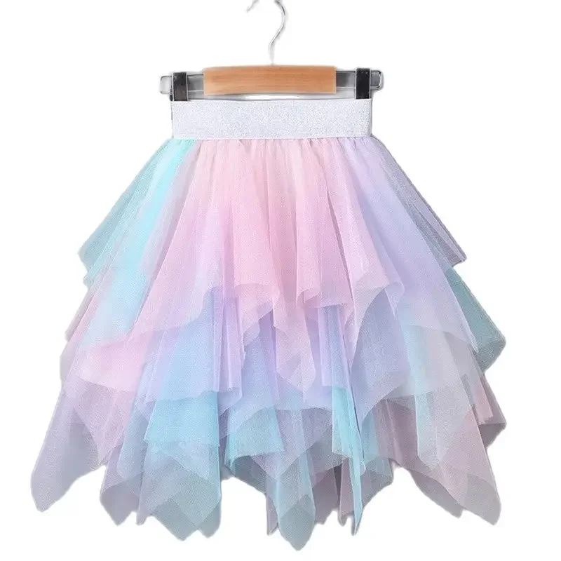 3-12Yrs Gauze Girls Skirts 2023 Rainbow Irregular Skirt Children\'s Bottomst Girl Tutu Princess Dance Skirt Mother Child Skirt