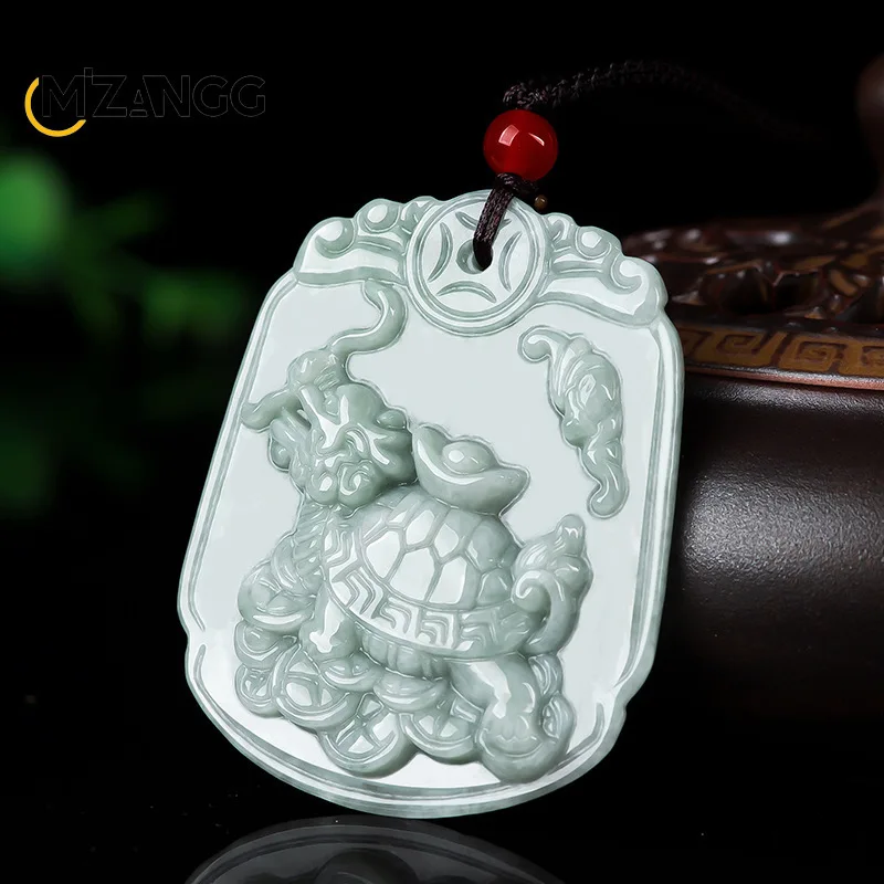 Natural Myanmar Jadeite ZhaoCai Dragon Turtle Pendant Men's and Women's Jade Necklace Hand-carved Fashion Jewelry Lucky Charms