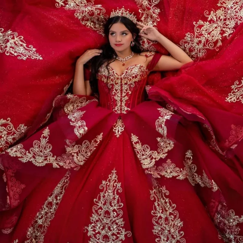 

Shiny Red Quinceanera Dress off-shoulder crystal glitter decal Long tail vestidos de 15 Quinceanera ﻿Customize