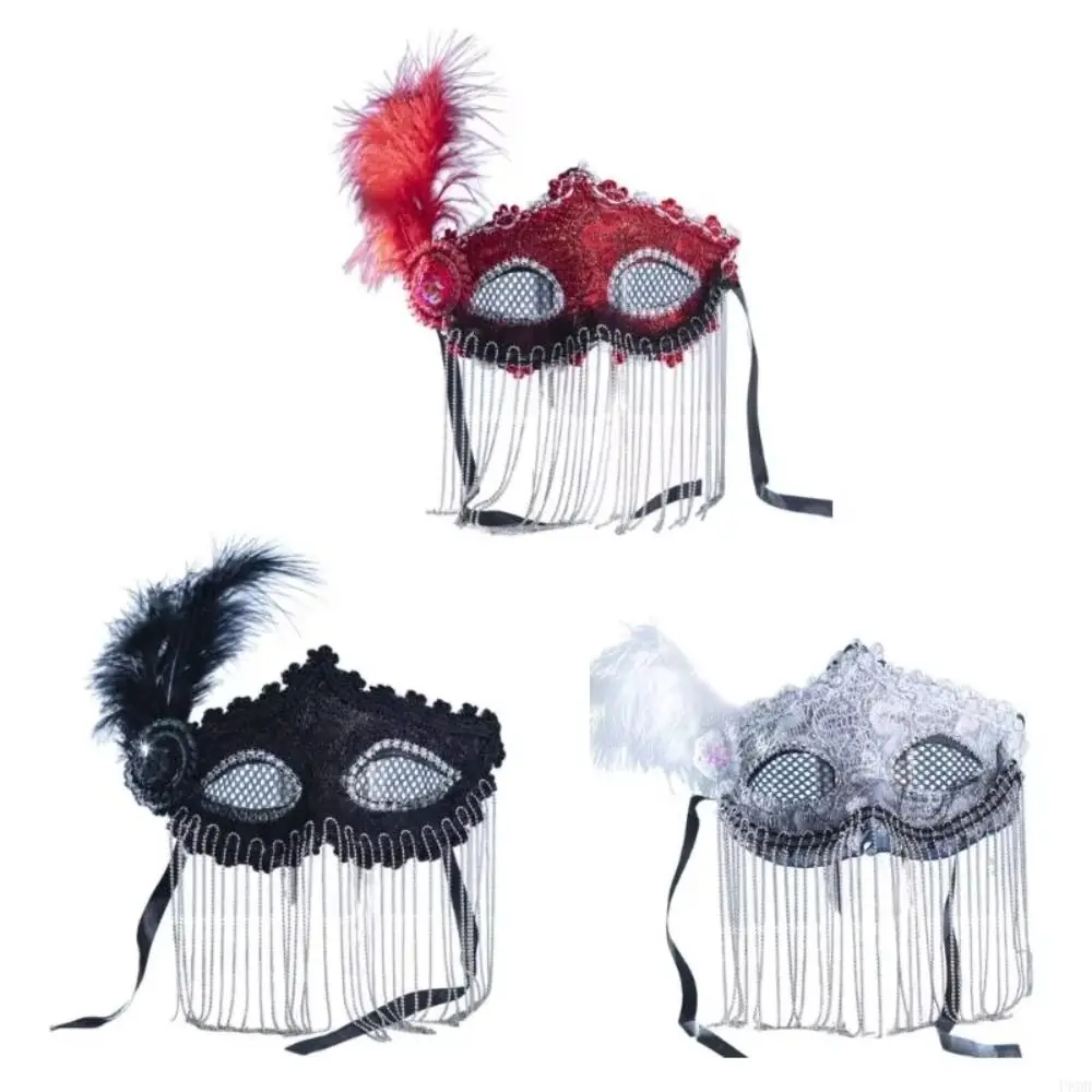Lace Feather Venice Mask Masquerade Jewelry Carnival Costume Props Veil Tassel Mask Rhinestone Facial Jewelry Accessories Women