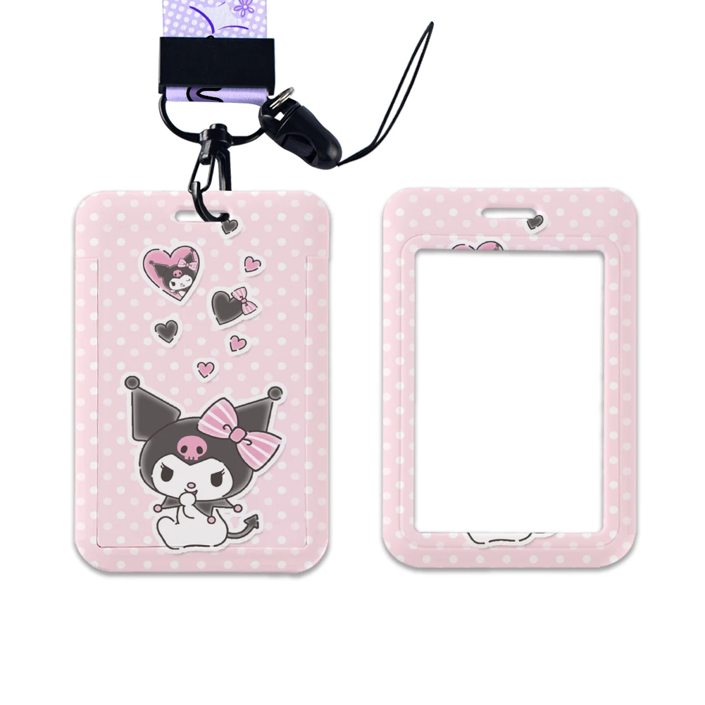 W tempat kartu kerja, lencana nama izin kerja dengan gantungan kunci Sanrio Kuromi pak kartu Id siswa Lanyard pemegang dompet