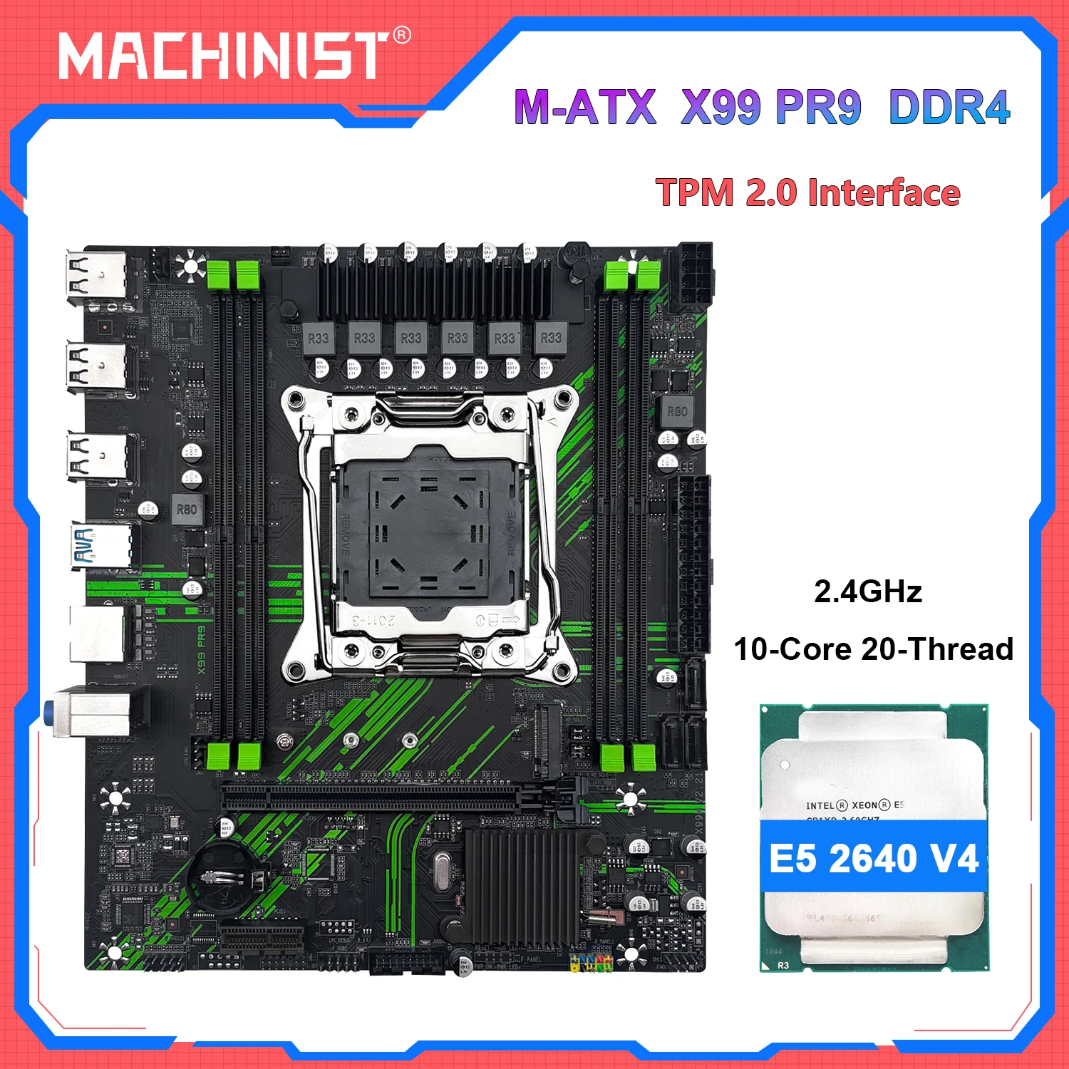 MACHINIST X99 PR9 Motherboard LGA 2011-3 Xeon E5 2640 V4 / E5 2620 V4 CPU Kit Set Support TPM2.0 DDR4 RAM SATA/NVME M.2 Slot