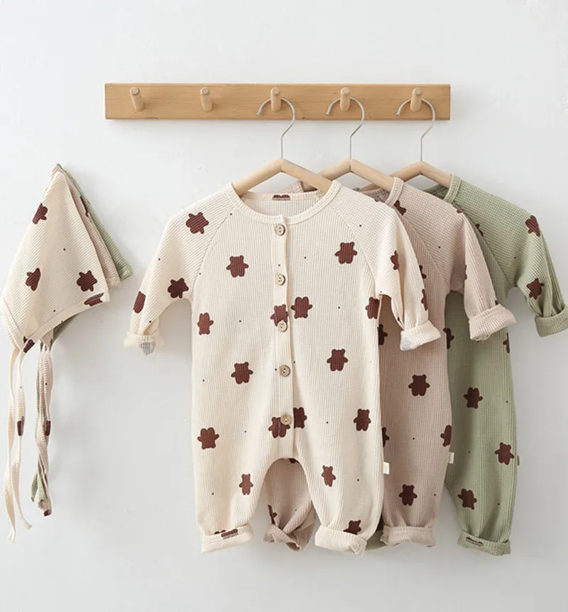 Lovely Cartoon Baby Boys Girls Romper Autumn Spring Cute Bear Long Sleeve Jumpsuits with Hat 3-24Months Newborn Infant Clothes