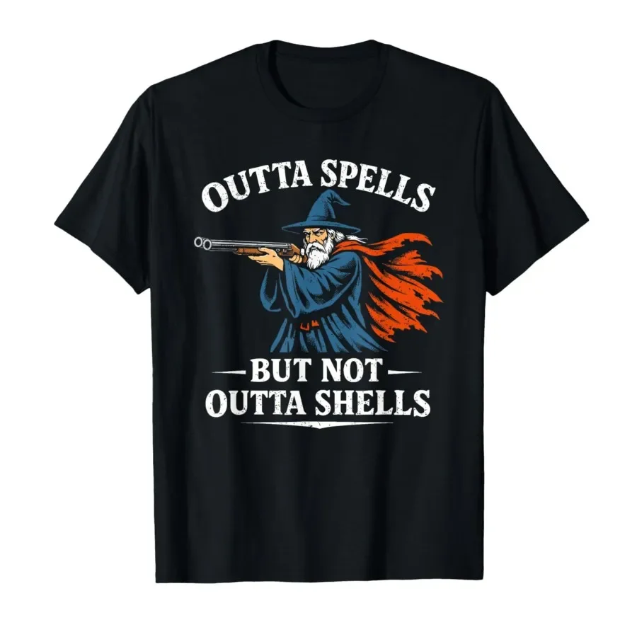 

Outta Spells But Not Outta Shells Wizard Gun Graphic Tee Short Sleeve Cotton T-Shirt for Men