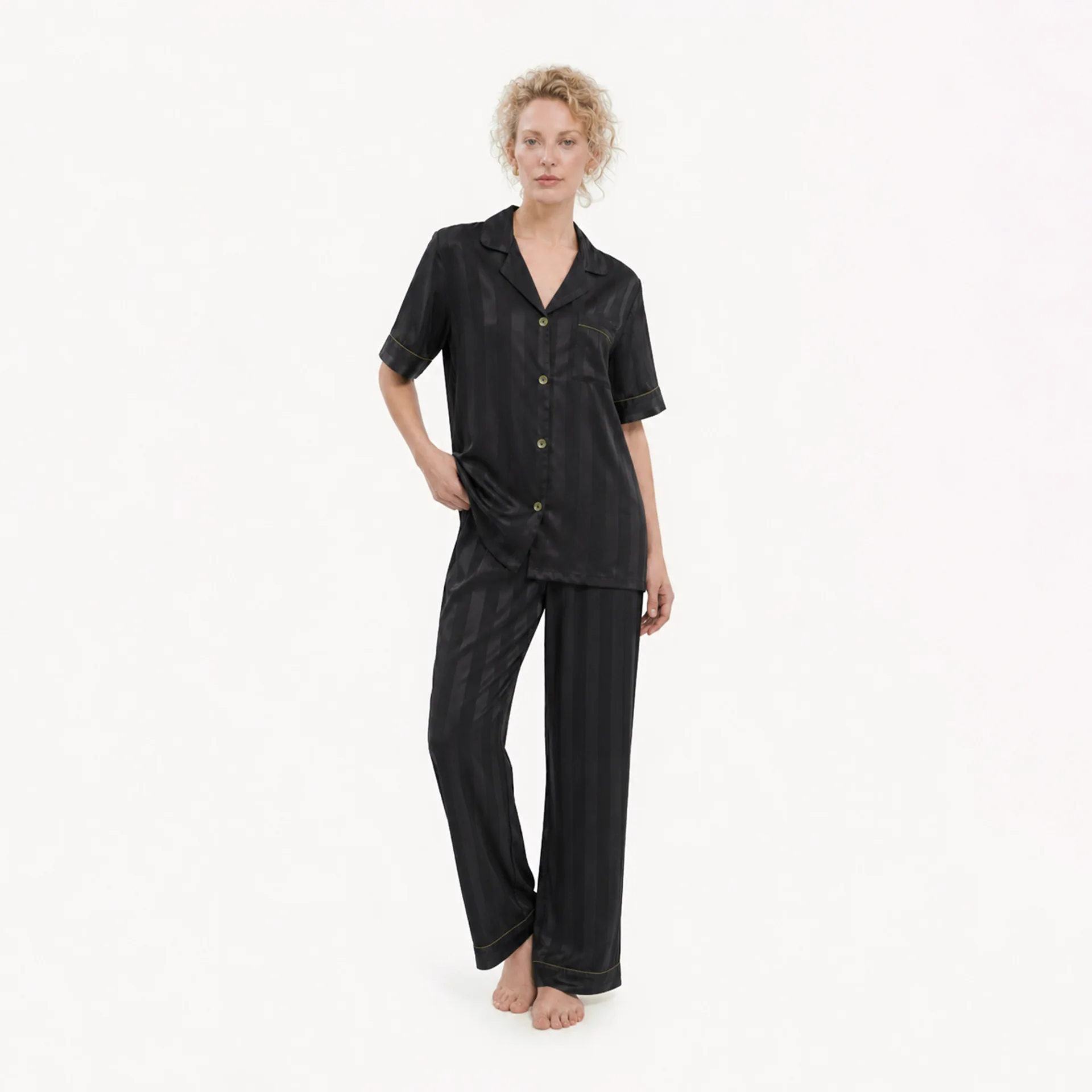 New Satin Jacquard Pajamas Women's Lapel Short Sleeved Shirt Long Pants Striped Casual Suit Simulated Silk Comfort Home Clothes 3