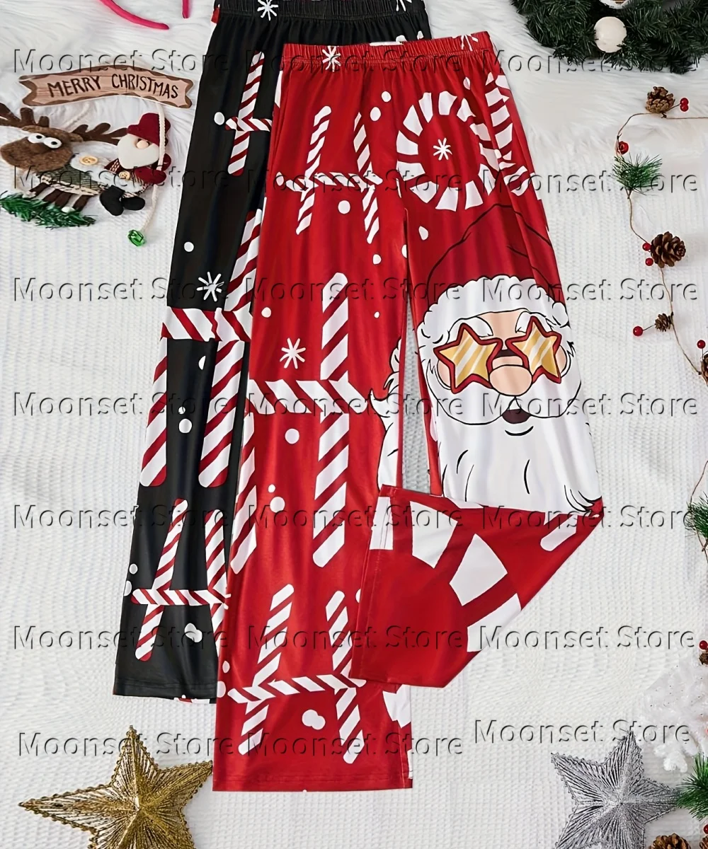 Winter Xmas Graphic Sleep Pants Women Santa Candy Cane Pattern Elastic Waist Pajama Trousers Casual Holiday Milk Silk Loungewear