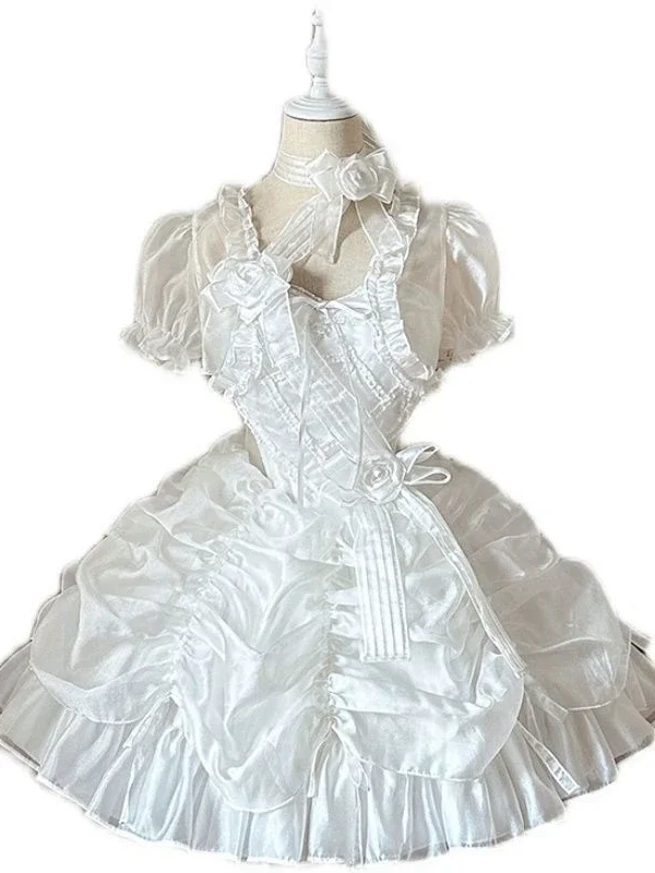 2025 Lolitaผู้หญิงฤดูร้อนCropเสื้อY2kผ้าพันคอหวานJK Blusasหมวกคอสเพลย์Harajuku Ruffledพัฟแขนเสื้อKawaii Mujer