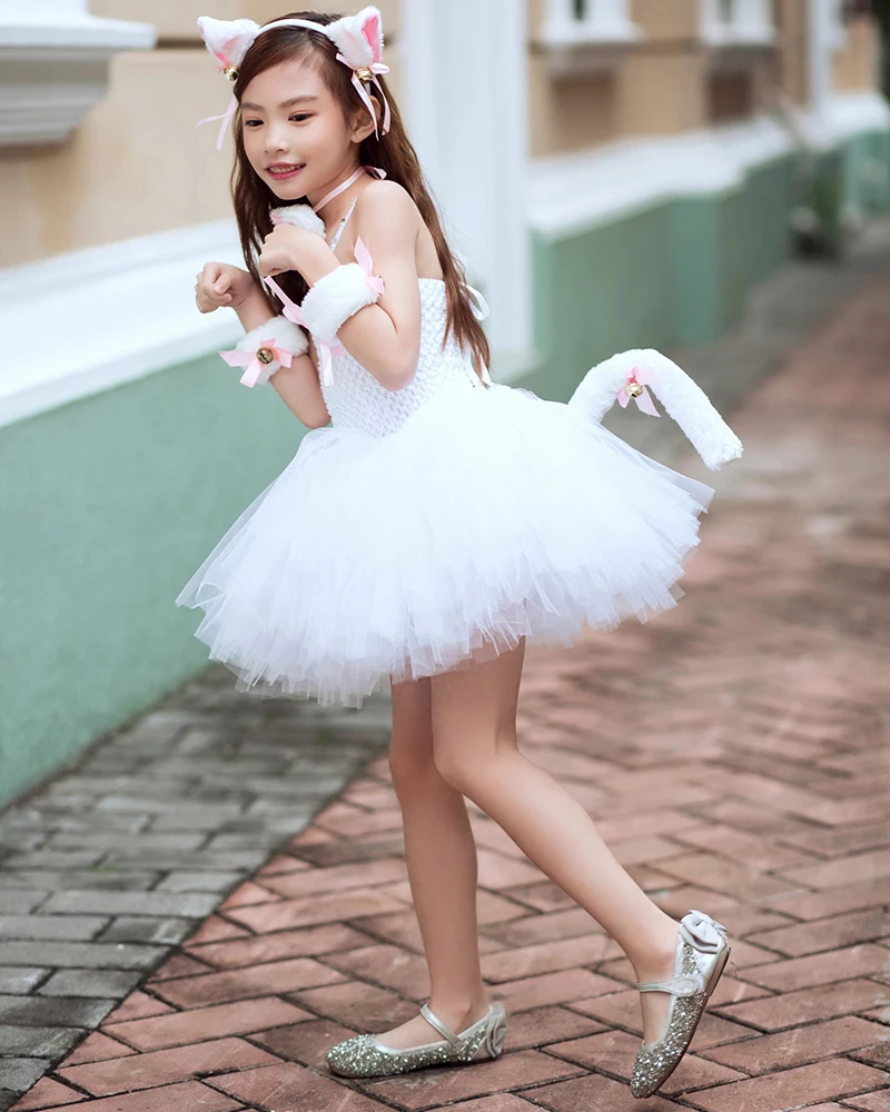 White Cat Tutu Dress for Girls Carnival Halloween Costumes for Kids Toddler Animal Cosplay Outfit for Birthday Party Clothes Set