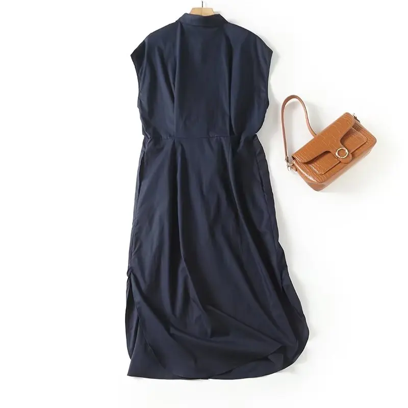 Maxdutti French Navy Blue Midi Dress Office Ladies Elegant Sleeveless Fashion Retro Collect Waist Commuter Leisure Party Dress