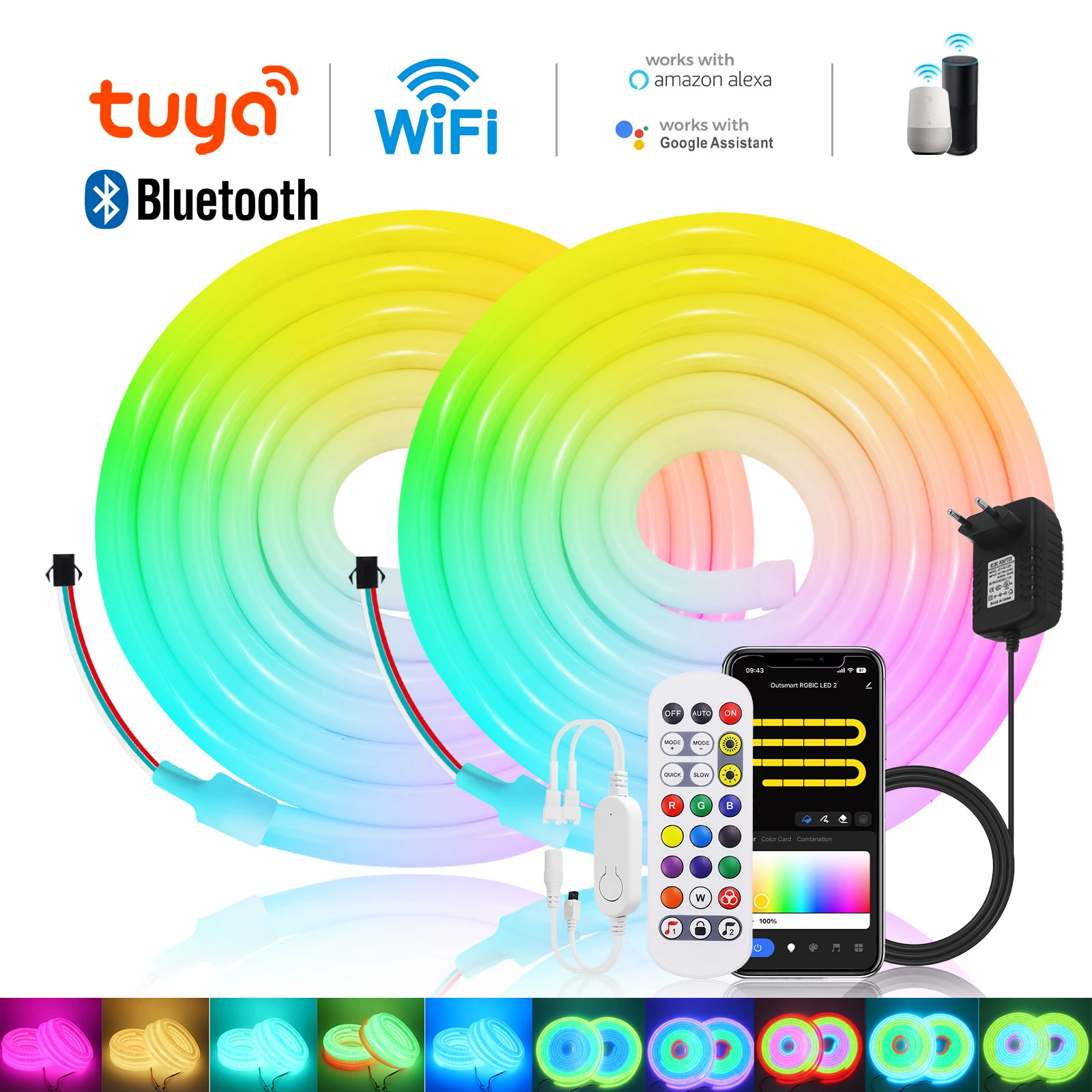 WiFi Bluetooth APP 24V Round RGB Neon LED Strip 120LEDs/m 360 Degree WS2811 Dream Color Remote Control IP67 Flexible Rope Lights