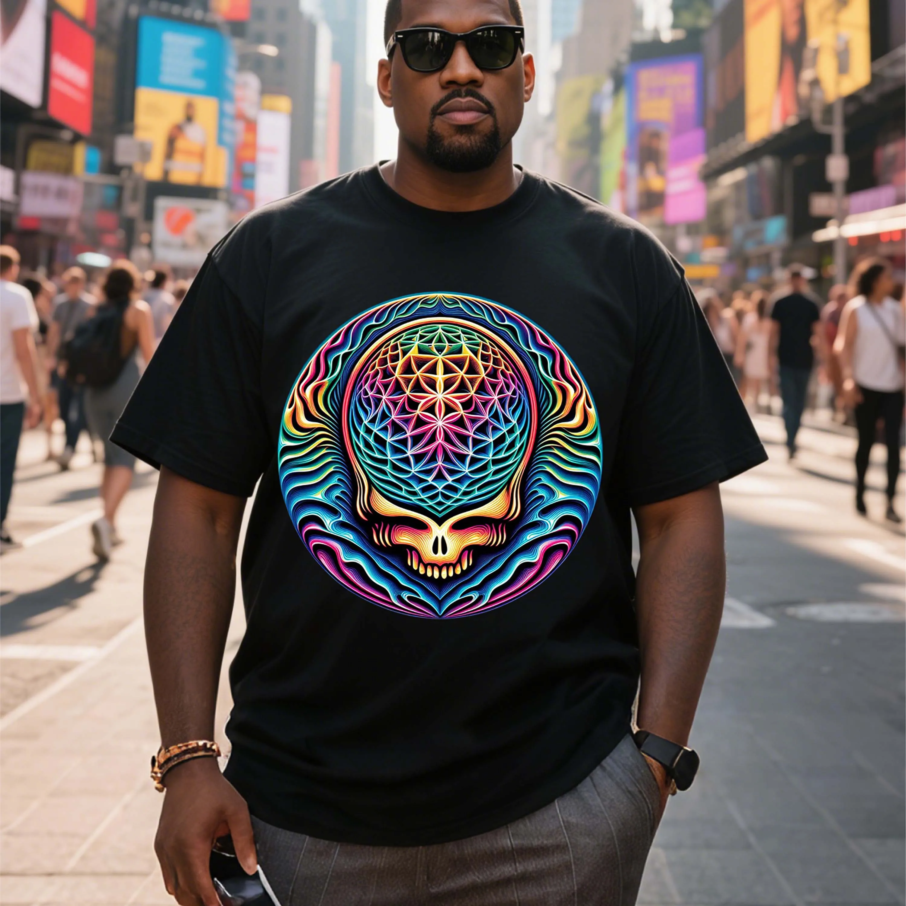 

Plus Size Black Short Sleeve T-Shirt with Colorful Skull Pattern for Street Style Suitable for Outdoor Leisure Wear in Summer