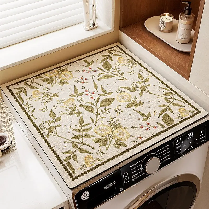 VIKAMA Cream Sage Yellow Floral Washing Machine Top Mat Leaf Blossom Tiny Flower Dot Trim Water Resistant Non Slip Kitchen Soft