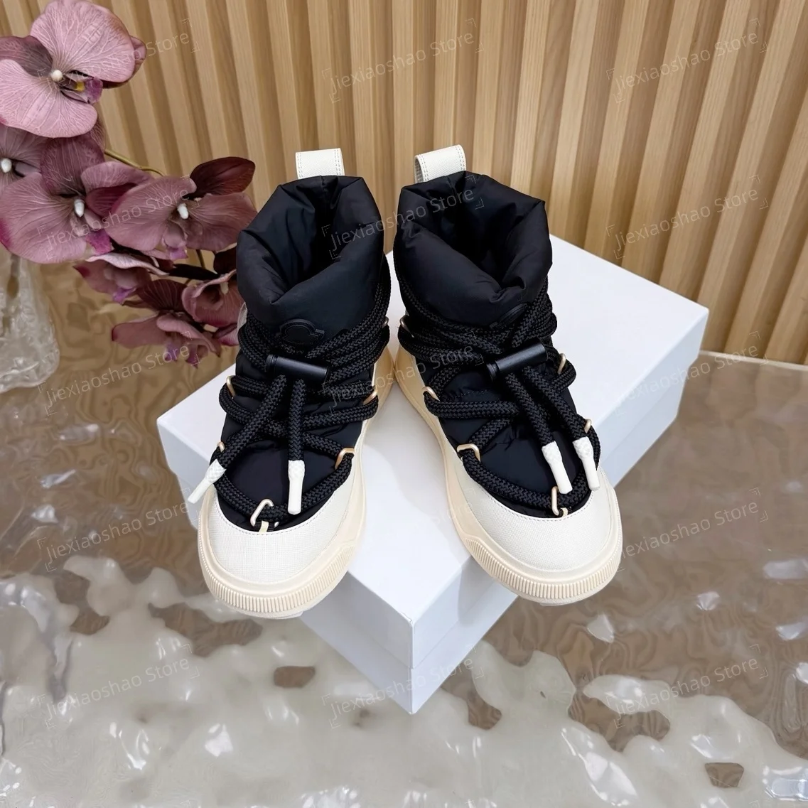 Winter Nylon Round-Toes Thick Sole Lace-Up Ankle Boots Snow Boots Chelsea Boots Pink Color Exclusive Lazy Zapatos De Mujer