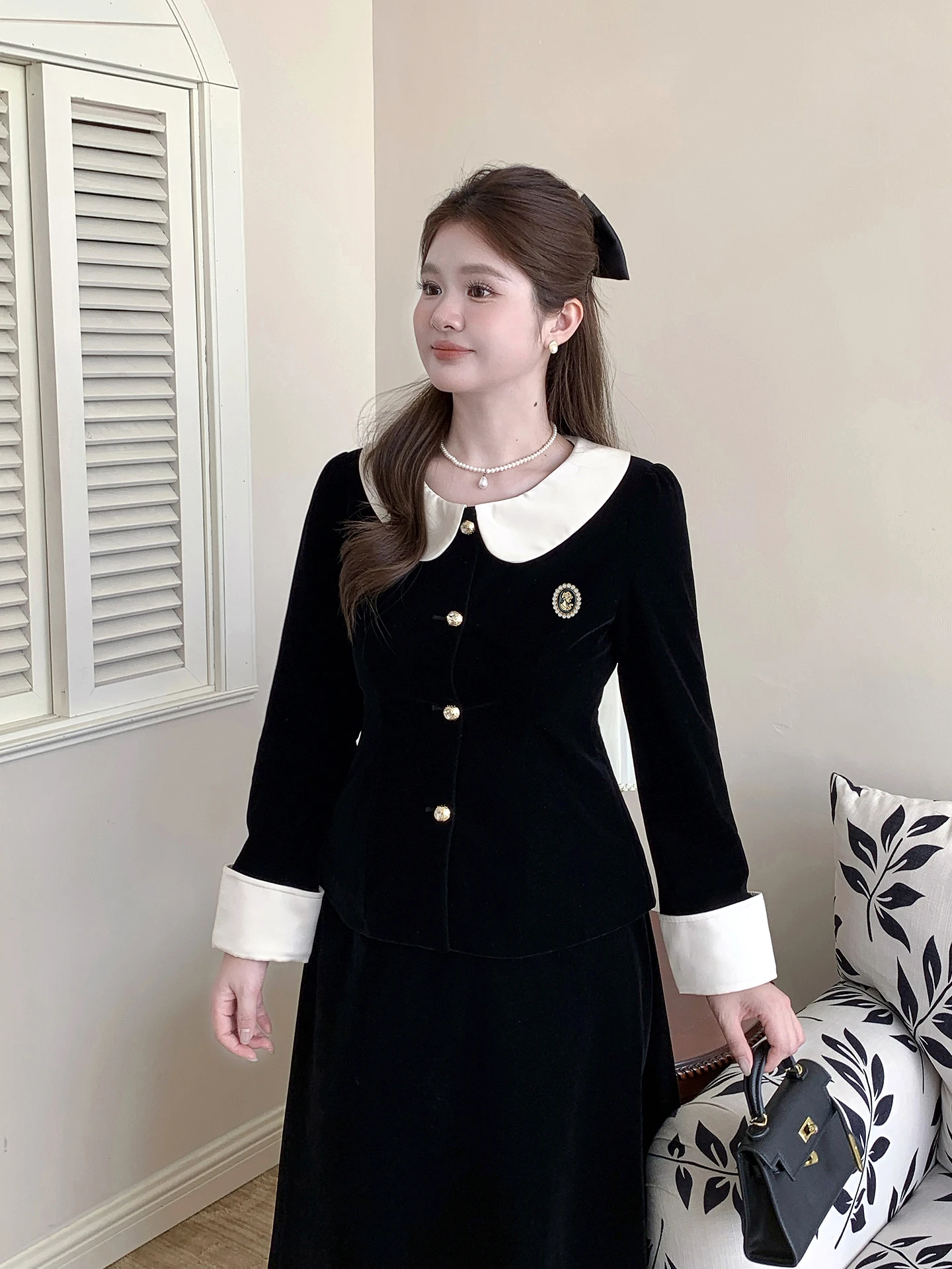 

Комплект одежды с вельветовым воротником для полных женщин: куртка и юбка в стиле кэжуал с высокой талией