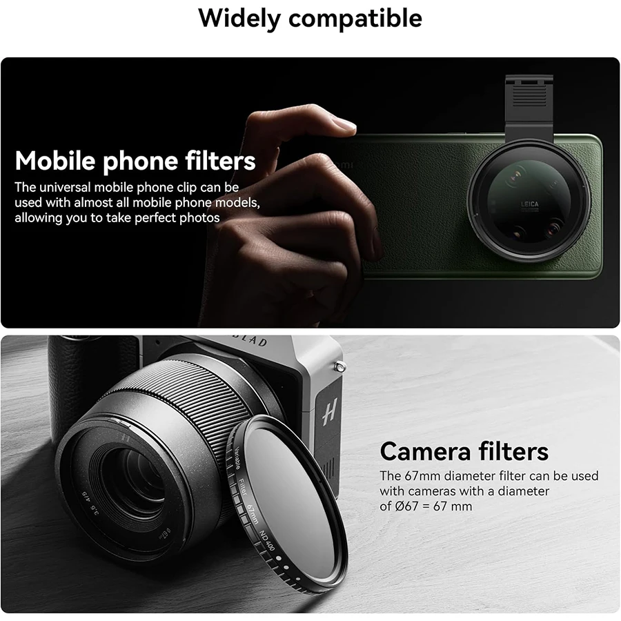 67mm 可変 ND2-ND400 フィルター DSLR/iPhone 15 14 Pro Max/Samsung/Huawei 用、ユニバーサルクリップ、コールドシュー、カメラレンズアダプター