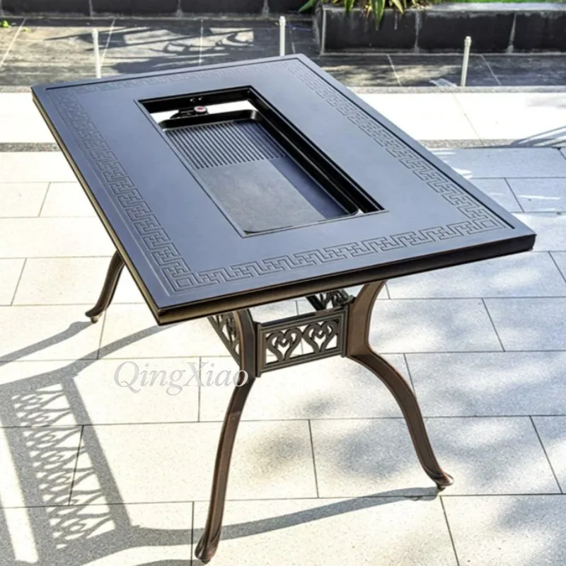 

Outdoor Cast Aluminum Dining Table BBQ Grill Table for Patio Garden Backyard Heavy Duty Metal Rectangular Table for 4‑6 Person