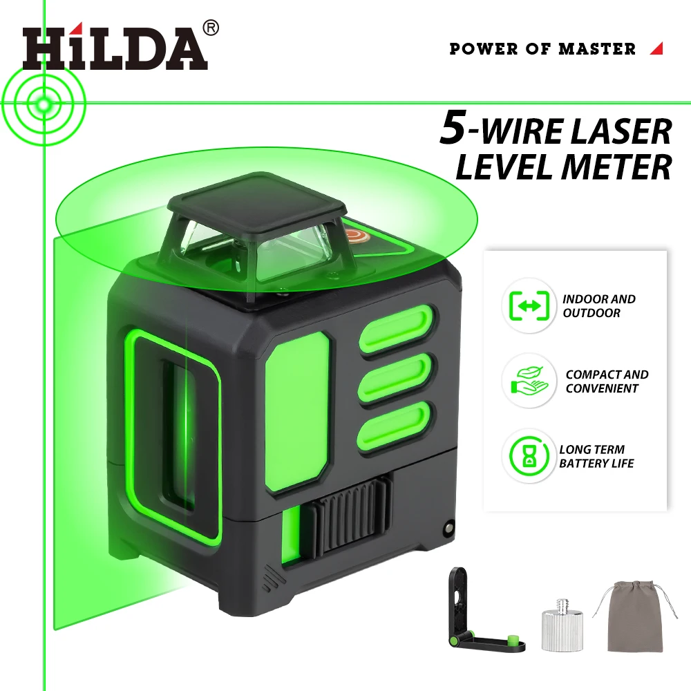 HILDA Laser Level Green 5 Lines Level Ip55 15M Self-Leveling Horizontal & Vertical Cross Super Powerful Measuring Tools ﻿