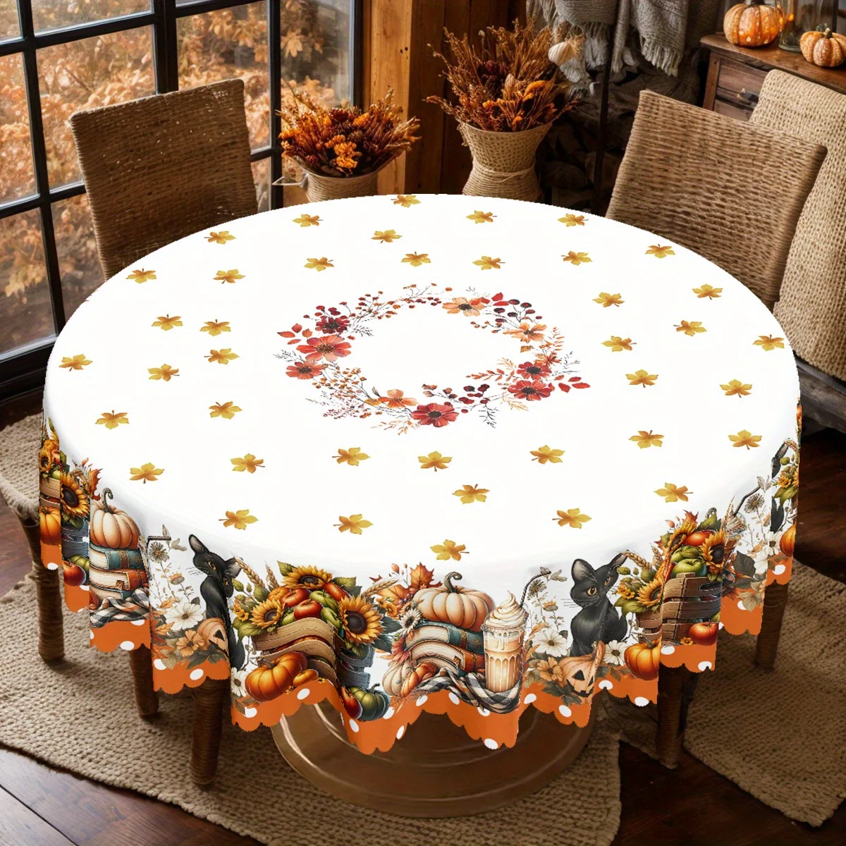 One polyester tablecloth, autumn Thanksgiving theme tablecloth, maple leaves, pumpkins, black catzyc