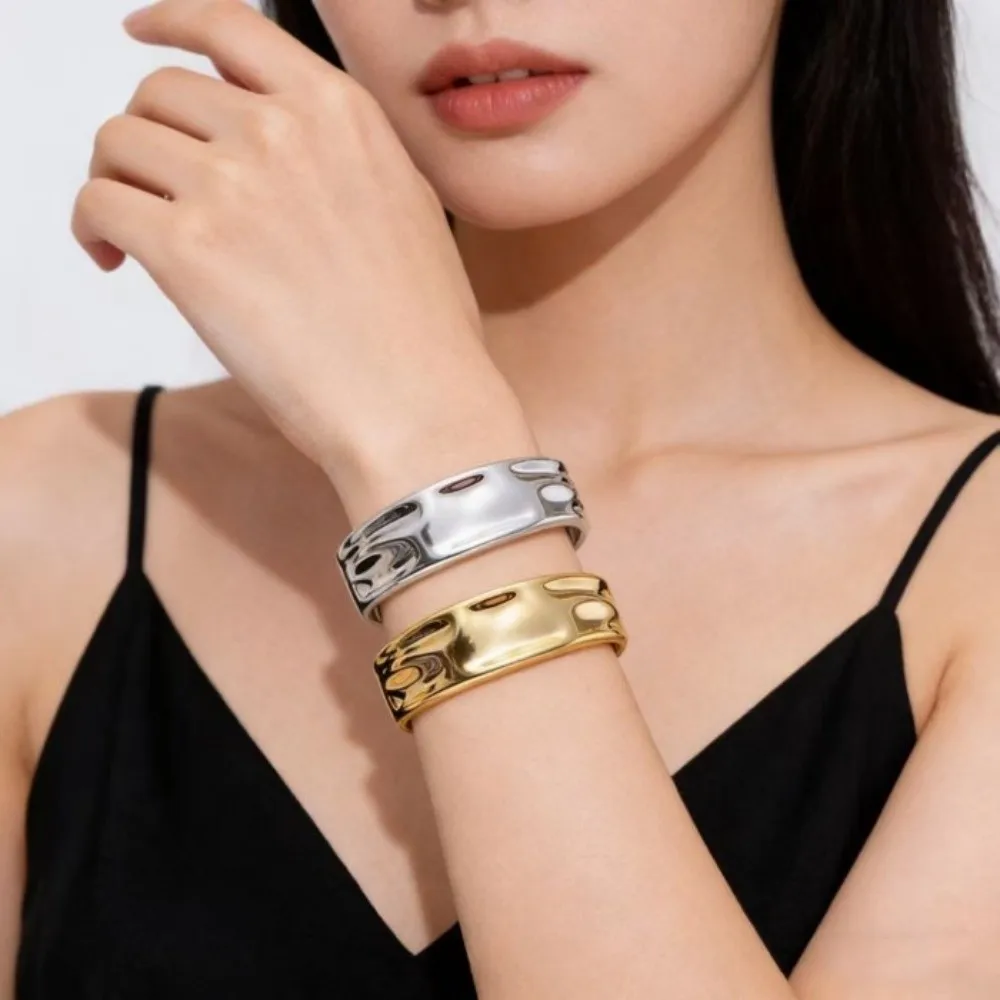 New Irregular Open Cuff Bracelets Gold Silver Color Smooth Geometric Bangles Wrinkle Punk Metal Bracelets Jewelry