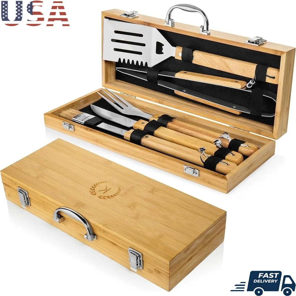 

Bamboo BBQ Toolset Box Grill Accessories Carrying Case Barbecue Utensils Organizer Durable Outdoor Cooking Gift Set
