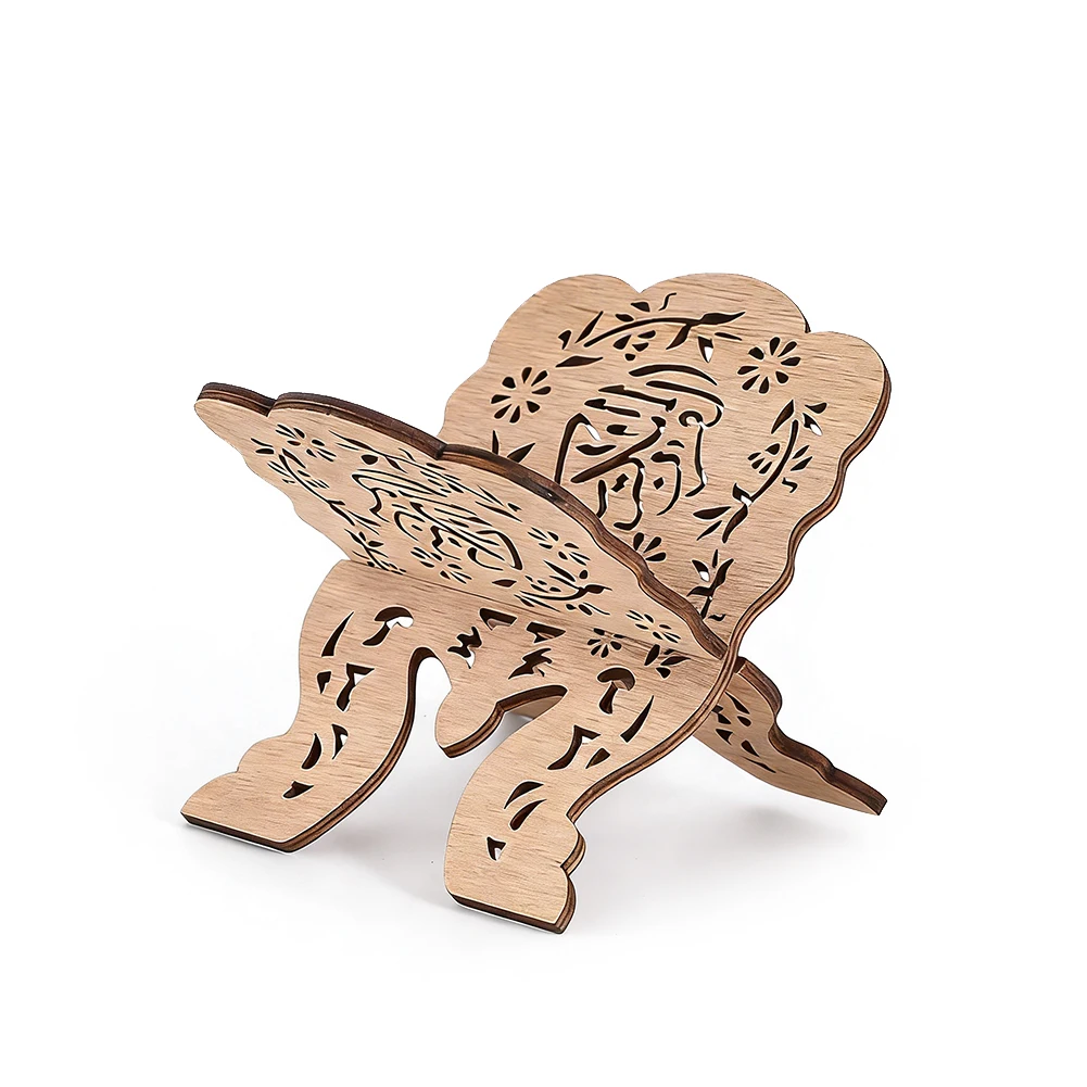 Islamic Wooden Quran Stand with Arabic Calligraphy Floral Cutout Foldable Bookshelf for Ramadan Home Decoration