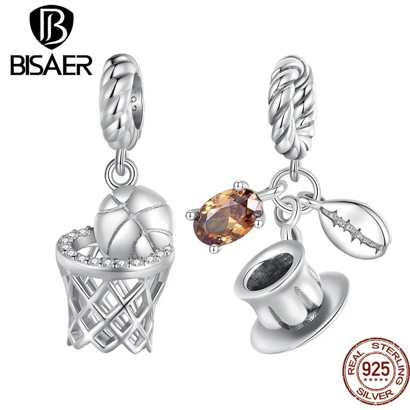 BISAER 925 Sterling Silver Basketball Charm Bead Coffee Cup Pendant For Sport Women DIY Bracelete Necklace Fine Jewelry Gift