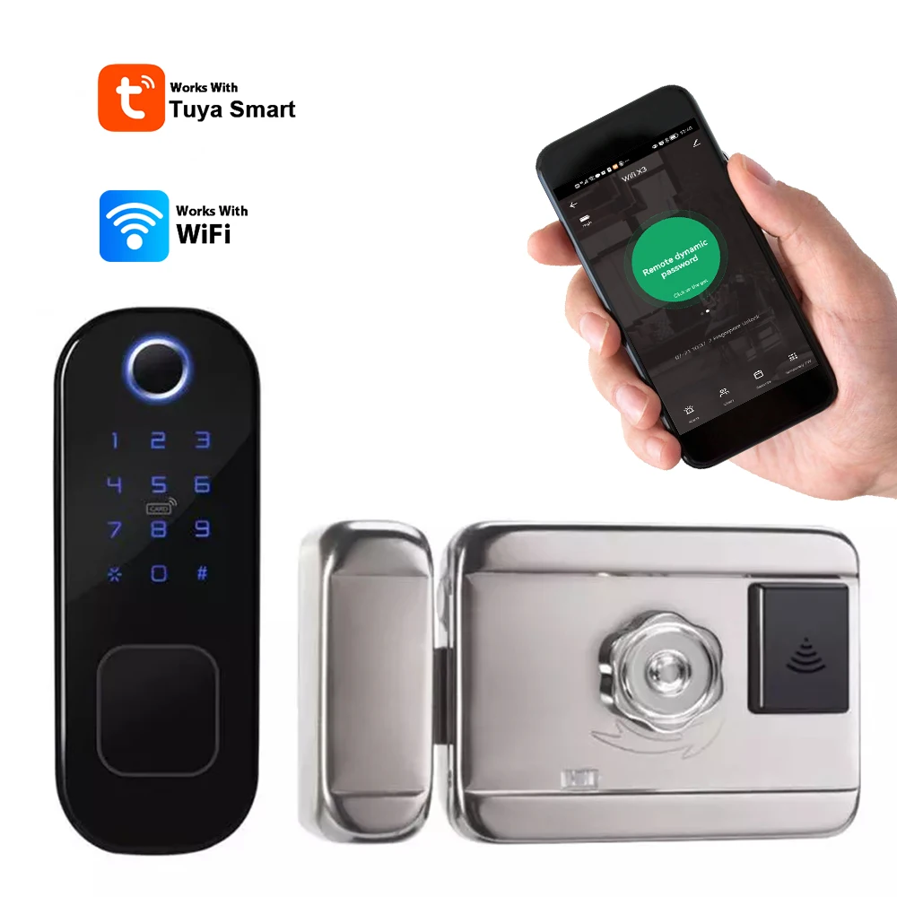 

WiFi Rim Lock Tuya Smart Door Lock No Wiring App Remote Fingerprint Smart NFC Card Pin Code Home Automation For Apartment Rental