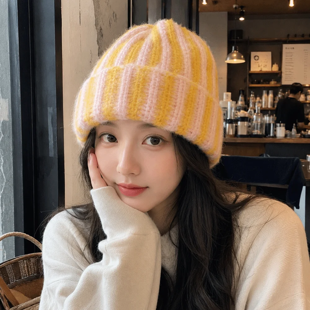 Fashion Color Blocked Striped Beanie Hat Soft Thick Ribbed Knit Cap Thermal Windproof Warm Hat Unisex