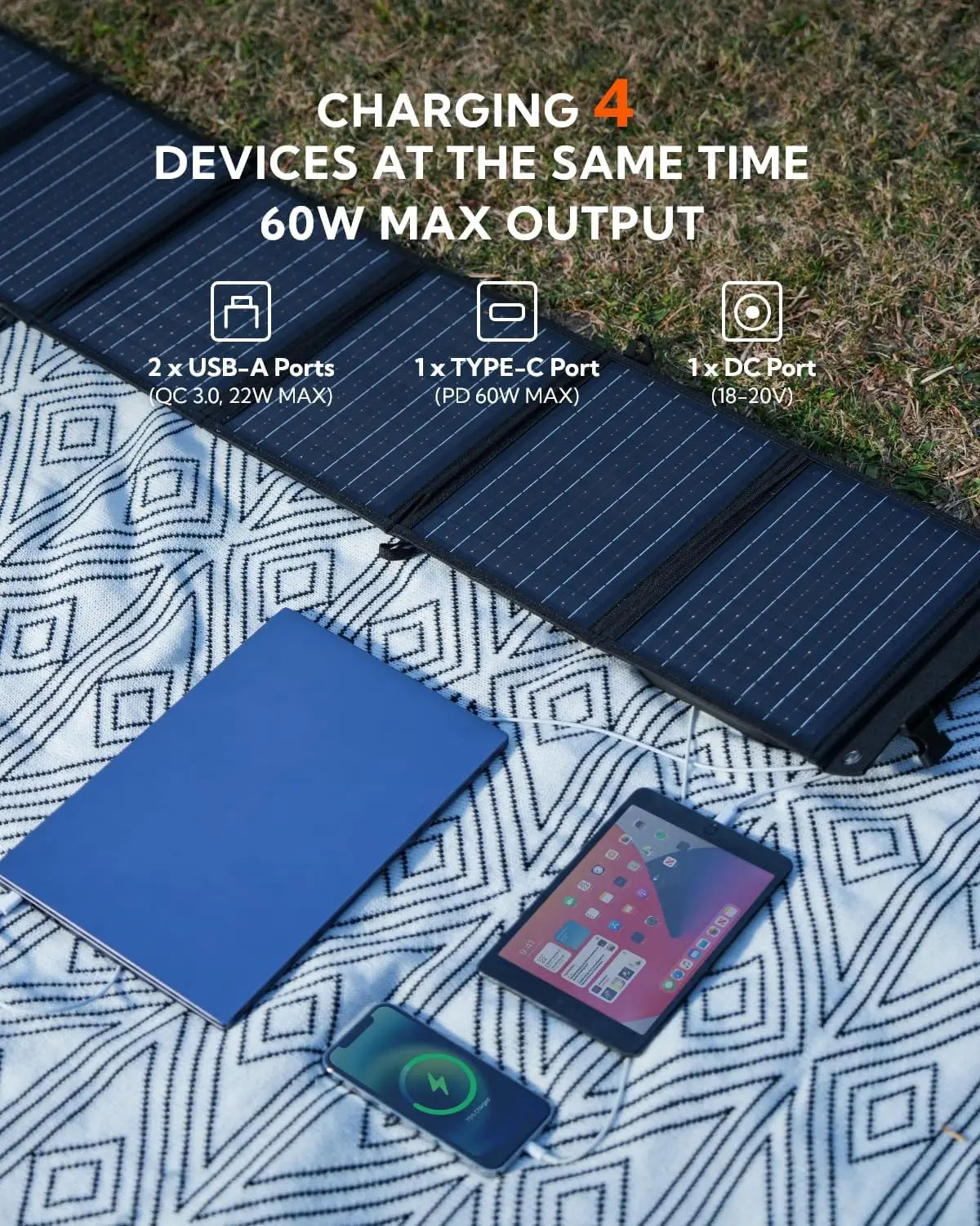 Foldable Solar Panel LUMOPAL 60W Portable Folding Solar Charger Kit with USB-C PD60W 5V USB-A QC3.0 DC18-20V Ports