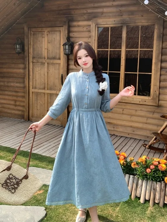 

plus Size Women's round Ne Long Sve Floral Embroidery Dr Slimming Waist High Waist A-Line Skirt Commute Sle Autumn New