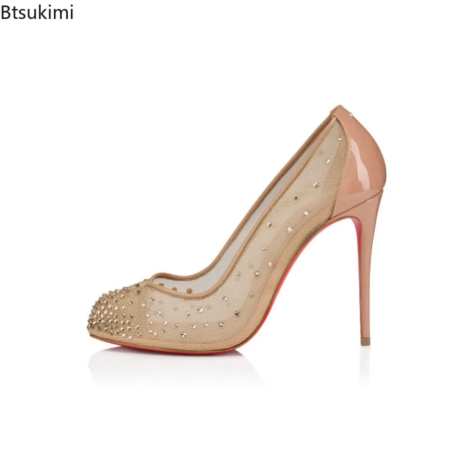 

Spring and Summer Women’s Split Toe Rhinestones Mesh Pumps Stiletto High Heels Square Toe Red Sole Female Concise Single Shoes