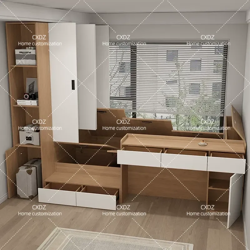 Small apartment high box tatami with desk bed wardrobe integrated bed combination plate type pedal meter small room single