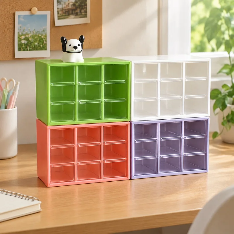 Clear Multi-Section Desktop Storage Case with Nine Small Drawers for Desk and Wall Use