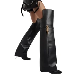 European and American women's fashionable large round toe over knee boots, slim high heels, shark button pants, long boots