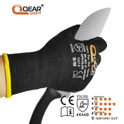 Luva de segurança Qearsafety-Resistance Trabalho, Preto HPPE Cut 5, Palma de borracha látex revestido, pesado e médio Job Handling Proteger